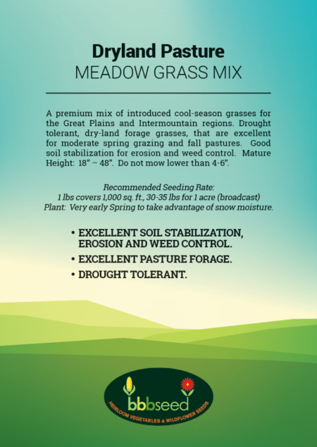 Label on the bag of Dryland Pasture Grass seed mix.