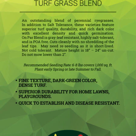 The label on a bag of On-Par Perennial Ryegrass seed.
