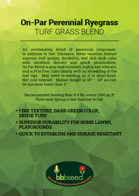 The label on a bag of On-Par Perennial Ryegrass seed.